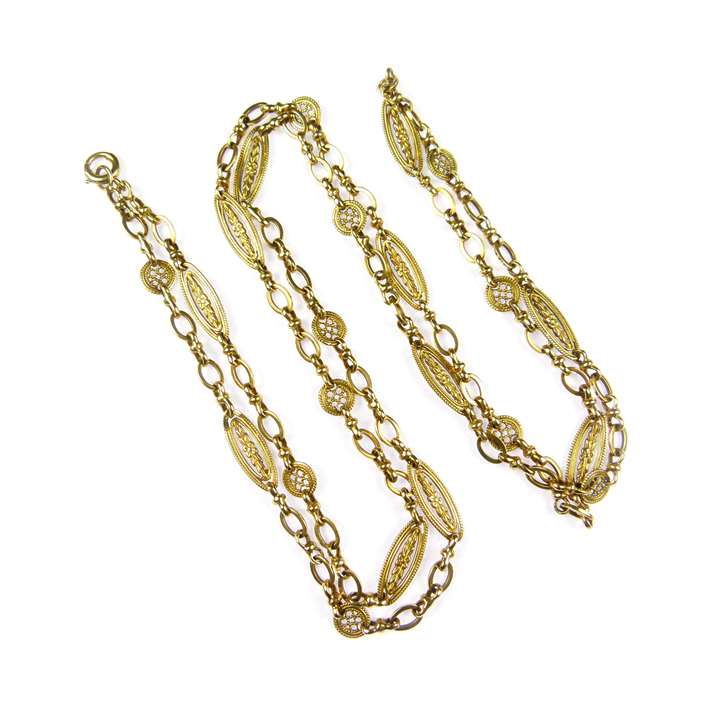Antique gold fancy oval and leaf link chain necklace